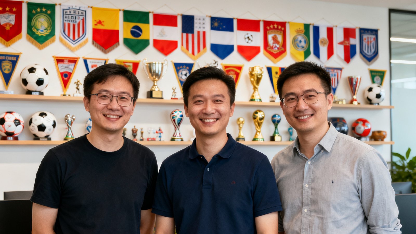 世界杯在线社区三位创始人在上海办公室合影，背景墙装饰着各国球队旗帜和足球纪念品，三人面带微笑展现创业团队的活力